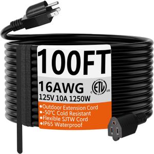 HUANCHAIN 100 FT 16 Gauge Black Indoor Outdoor Extension Cord Waterproof, Flexible Cold Weather 3 Prong Electric Cord Outside, 10A 1250W 125V 16AWG SJTW, ETL Listed