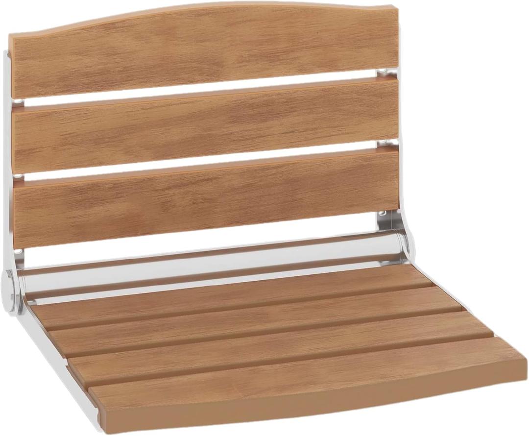 DWVO Wall-Mounted Folding Shower Seat, Strong Load-Bearing Stainless Steel Frame Shower Bench for Seniors, Disabled and Home Care, Teak