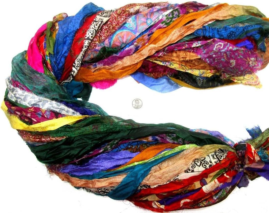 40 Pcs Recycled Silk Sari Ribbon Strips  Handmade Assorted Colors Yarn Skeins, 1 Yard Each (40 Yards Total), Craft Supply for Scrapbooking, Tassels, DIY & Boho Dcor
