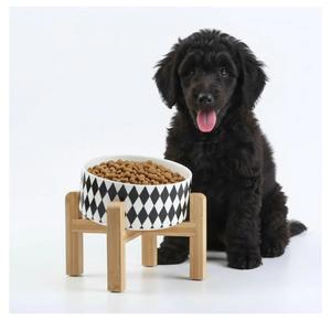 Petygooing Elevated/Raised 15°Slanted Ceramic Dog Bowl for Small and Medium Breeds, Tilted Anti Slip Pet Bowl,Food Water Dish with Stand for Cats and Dogs (28 OZ/3.6 Cups) Black Rhombus