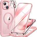 Miracase Glass Series for iPhone 15 Case [Compatible with MagSafe] Full-Body Magnetic Case with Built-in 9H Tempered Glass Anti-Fingerprint Screen Protector + Camera Lens Protector, Pink and Clear