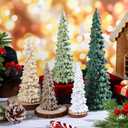 5 Pcs Sage Green Christmas Tree Figurines 11''/ 8.6''/ 7''/4.7'' Glittered Christmas Trees Resin Stone Xmas Holiday Figurines Xmas Desk Decor Centerpieces for Tabletop Decorations