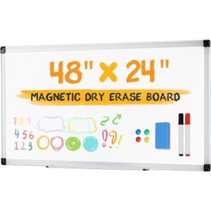 NEWBULIG White Board, 48" x 24" Magnetic Dry Erase Board for Wall with 1 Dry Eraser & 2 Multi-Color Markers & 4 Magnetic Pins, Silver Aluminum Frame for Office, Home, School