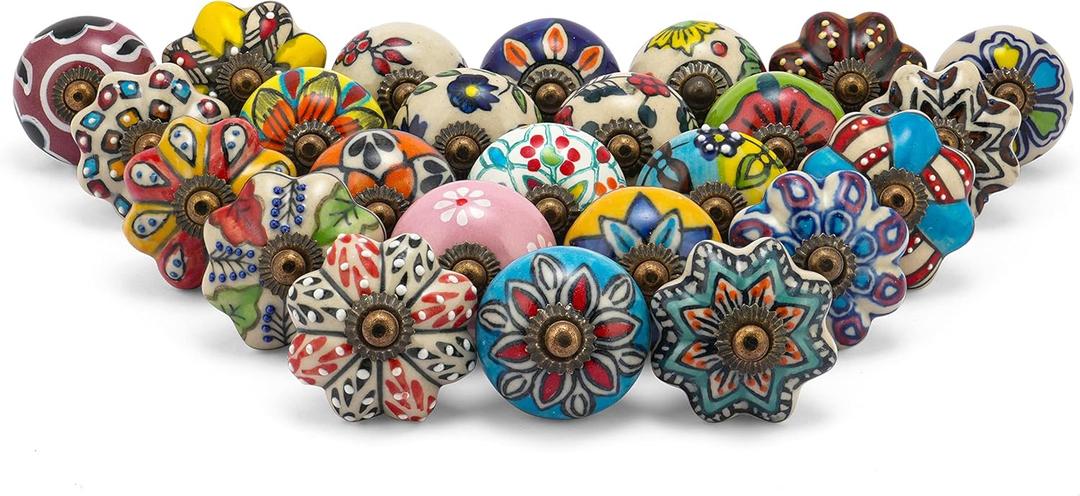 Knobs for Dresser Drawers - Assorted Multicolor Countryside Cabinet Door Pull Handles for Kitchen Wardrobes Boho Home Interior Decor - Pack of 25