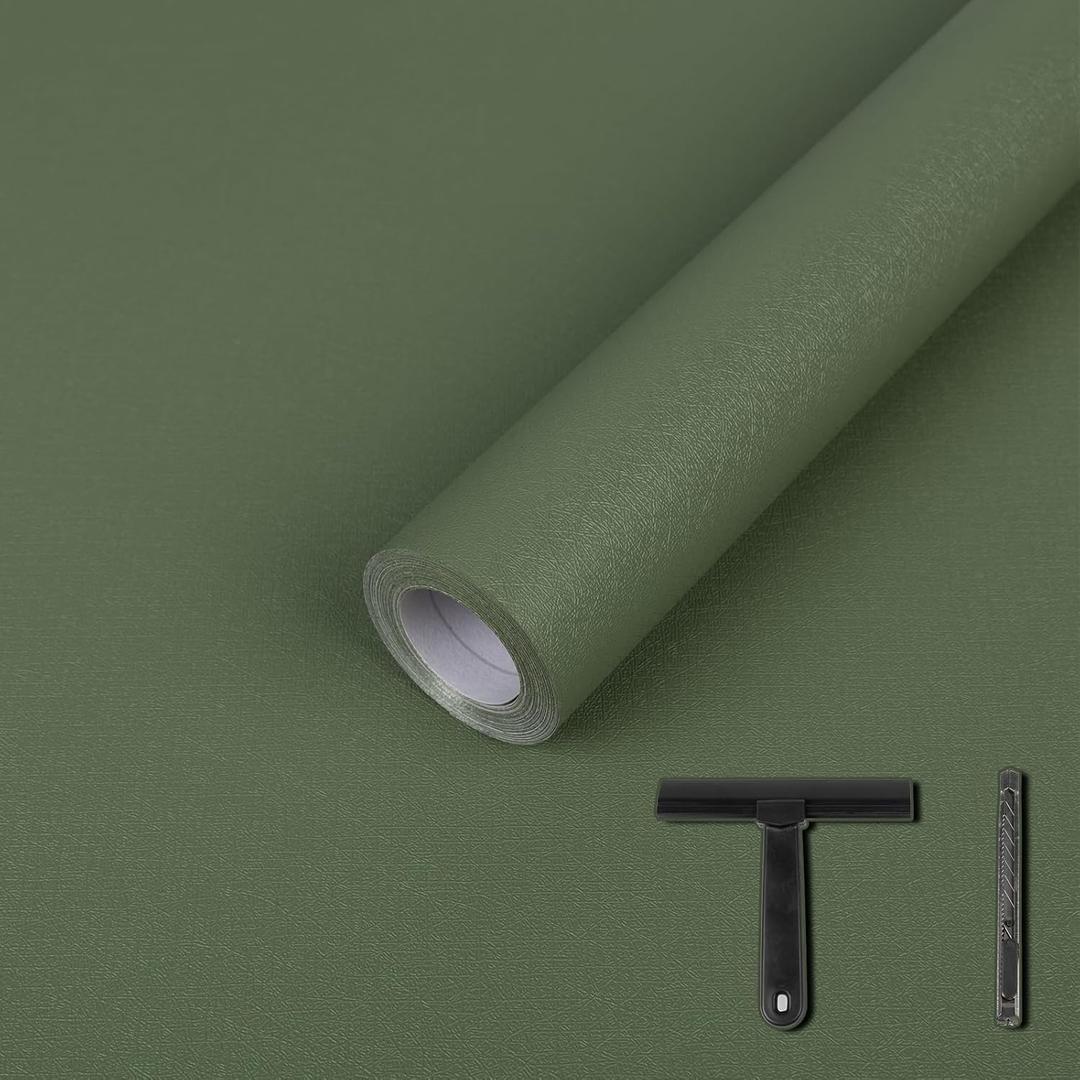 LXCREAT Green Matte Peel and Stick Wallpaper Solid Color Removable Self Adhesive Wallpaper, Vinyl Film Waterproof Contact Paper for Bedroom with Scraper, Paper Cutter 17.71in236in
