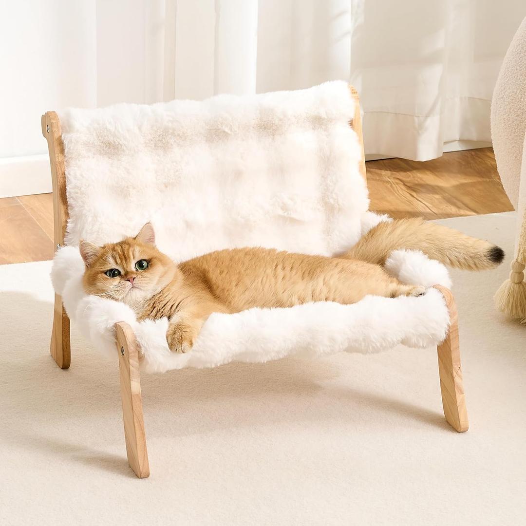 Solid Wood Cat Couch Bed for Indoor Cats, Modern Cat Sofa with Ultra-Soft Plush Surface Washable, Reclined Backrest, Elevated Elevated Cat Lounge Furniture for Small to Adult Pets, Ivory White