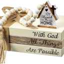 Tatuo 4 Pcs Wooden Farmhouse Decorative Books for Home Decor Coffee Table Faux Books for Decoration White Fake Decorative God Bless Stacked Display Set with Beads Garland Shelf Living Room Decor, God Bless