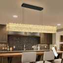 Rectangular Crystal Chandelier with Dimmable LED Lights Dining Room Remote Ceiling Pendants Lighting Fixtures for Kitchen Island Matte Black