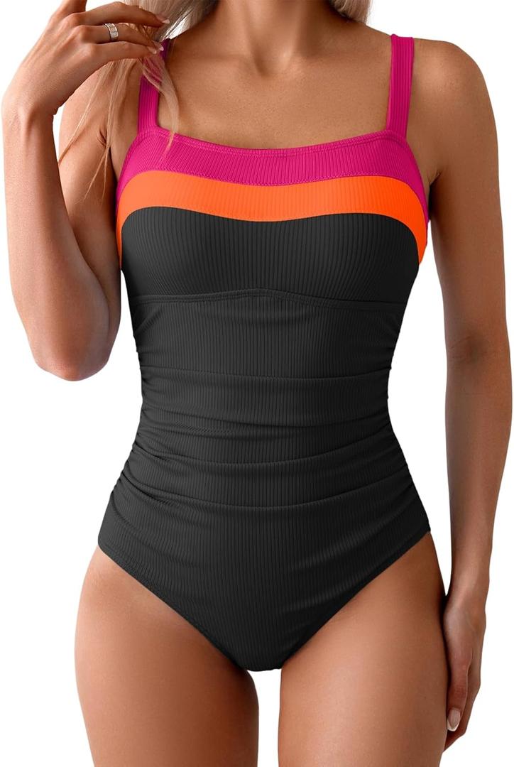 Aidonger Women's Ribbed One Piece Swimsuits Color Block Tummy Control Bathing Suit Slimming 1 Piece Swimwear (Medium, Pink-Orange-black)