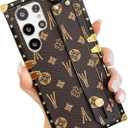 Elegant Retro Compatible with Samsung Galaxy Faux Leather Case with Adjustable Wristband Kickstand,Luxury Electroplating Protective Rectangle Edge Cases Cover (Brown,S25 Ultra)