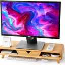 Homerays Bamboo Monitor Stand Riser, No Assembly Required Exquisite Monitor Stand with Drawer Ergonomic Height Wood Monitor Stand