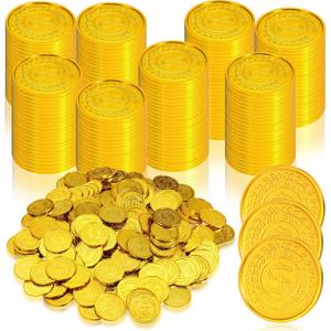 Hanaive 800 Pcs Plastic Pirate Coins Gold Treasure Spanish Doubloon Fake St. Patricks Toy Coin for Kids Board Games Pirate Party Cosplay Teachers Classroom Reward (Gold, Classic)