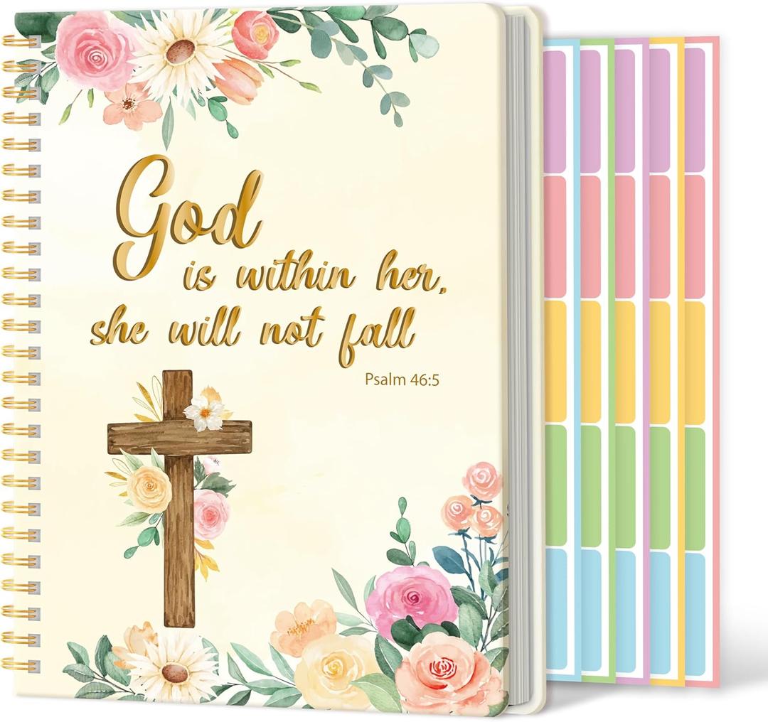 Xqumoi A5 Floral Cross Beige Religious Hardcover Spiral Notebook with Bible Tabs - Flowers Christian Bible Verse Ruled Hardbound Journal Book Labels Index Christmas Gift Sunday School Office Supplies