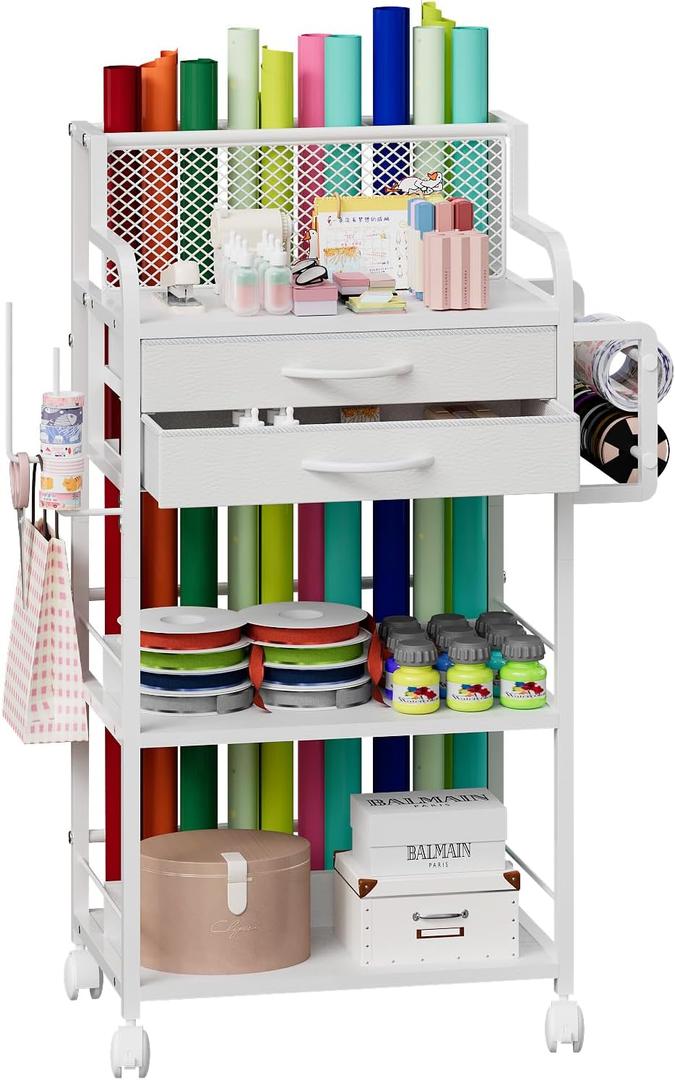 Rolling Wrapping Paper Storage Cart with 2 Drawers & Lockable Wheels, 3-Tier DIY Craft Gift Wrap Organizer with Ribbon and Cart Tape Holder for Crafts and DIY Supplies (White)