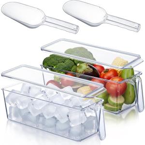 Havawish 4 Pcs Ice Storage Bin for Freezer with Lid and Flexible Scoop Set Plastic Ice Container with Lid Handle for Home Office Fridge Storage (12.4 x 3.94 x 3.94 Inches,Clear)