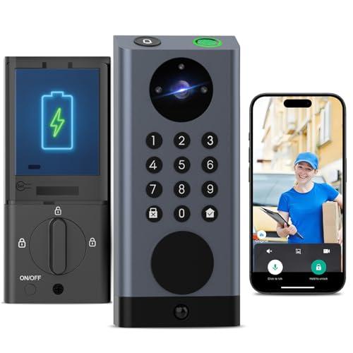 eLinkSmart Smart Door Lock with Camera Deadbolt with Video Doorbell PIR Motion Detection Front Door Lock with Fingerprint Keypad Code Long-Lasting Battery Built-in Wi-Fi No hub Required No Drilling