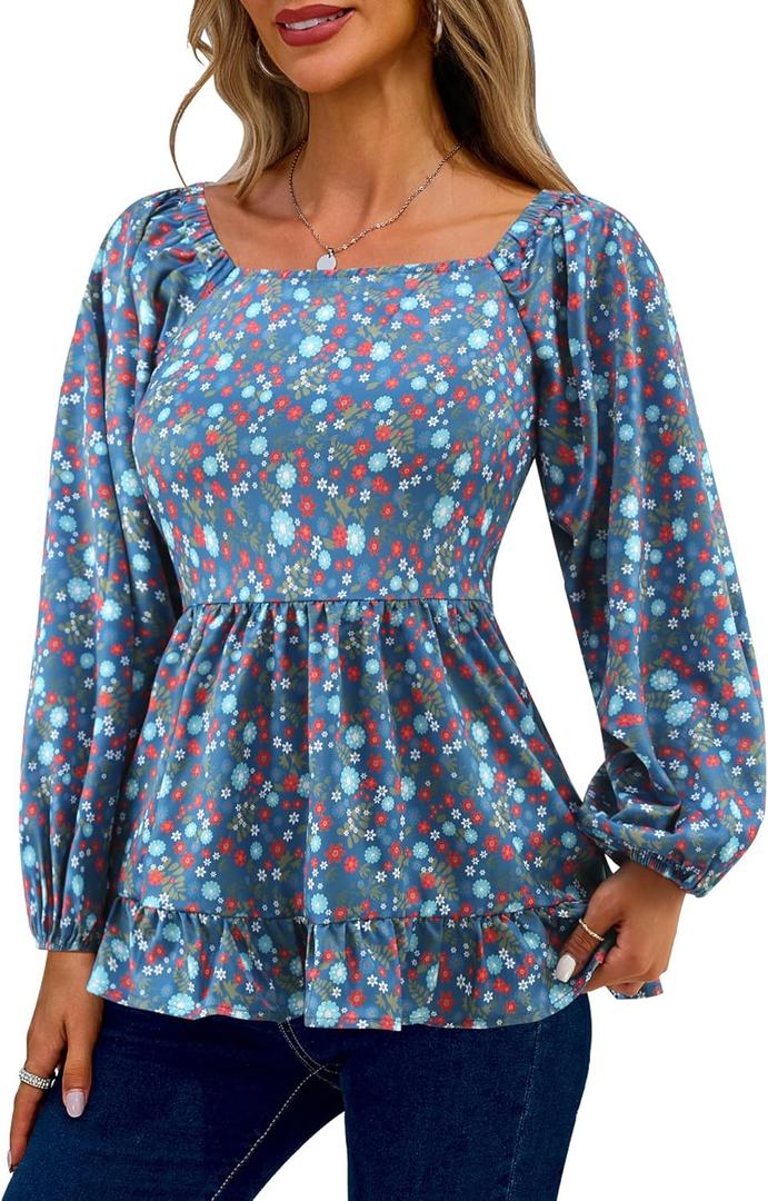 Womens Square Neck Floral Long Sleeve Tops Casual Loose Puff Sleeve Boho Work Blouse T Shirts (Small, C1000)
