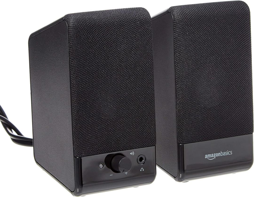 Amazon Basics USB-Powered Computer Speakers with Volume Control for Desktop or Laptop PC, Compact Size, Headphone Jack, Portable, Plug-N-Play, Black