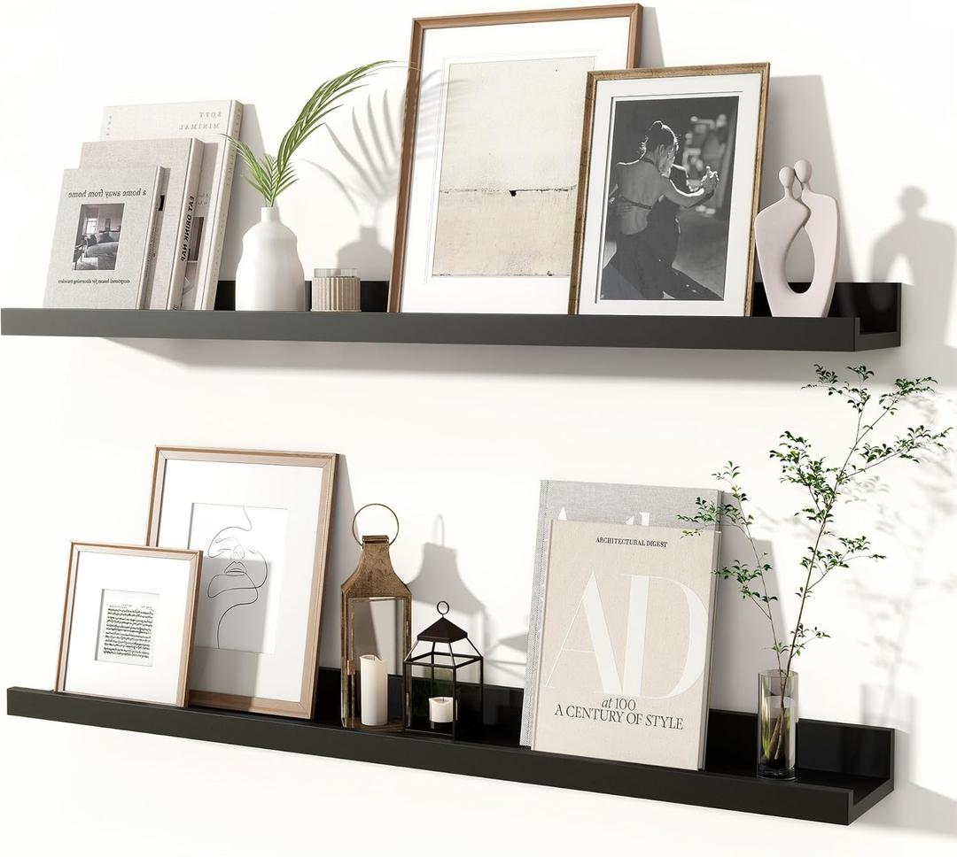 Fun Memories Picture Ledge Shelves Set of 2, 32 Inch Rustic Wall Mounted Floating Shelves with Lip for Home Storage and Dcor in Bathroom, Kitchen, Nursery, Bedroom, Living Room, Black