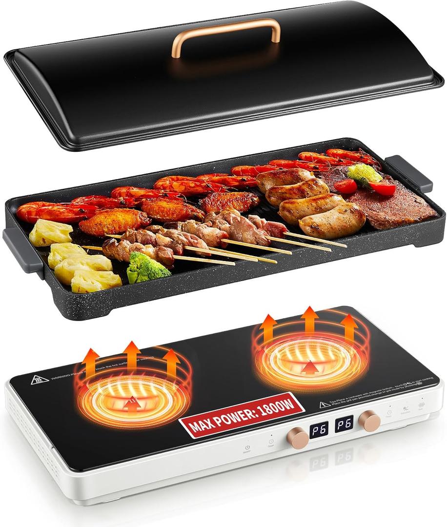 Induction Cooktop 2 Burners, Double Induction Griddle Cooktop 1800W with Removable Iron Cast Griddle Pan Non-stick, Independent Temperature Control, 8 Power Levels, 99 Min Timer for Magnetic Cookware