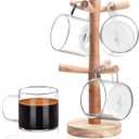 Aquach Coffee Glass Mugs Set of 4, 12 oz, Including Wooden Cup Holder Tree, 6 Hooks