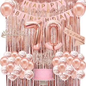 70th Birthday Decorations for Women, Happy 70th Birthday Banner, Crown, Sash, Cake Topper and Number Balloon, Rose Gold 70 Birthday Party Decorations Kit