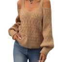 SOLY HUX Women's Cold Shoulder Sweater Cable Knit Long Sleeve Shirts Fall Pullover Tops Pure Khaki Large (Beige, L)