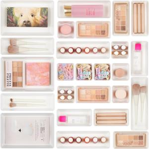 Vtopmart 25 PCS Plastic Drawer Organizers Set, 4-Size Versatile Bathroom and Vanity Drawer Organizer Trays, Storage Bins for Makeup, Bedroom, Kitchen Gadgets Utensils and Office (White)
