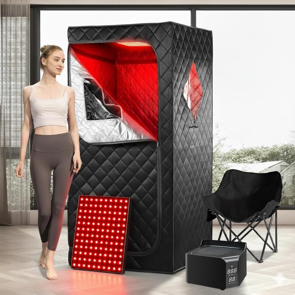 Portable Personal Far Infrared Sauna Box for Home with 660nm Red Light Threapy Panel, Upgraded Infrared Dry Sauna, 140, Heating Foot Pad, Upgraded Comfortable Chair (33.85*33.85*70.84 inch)