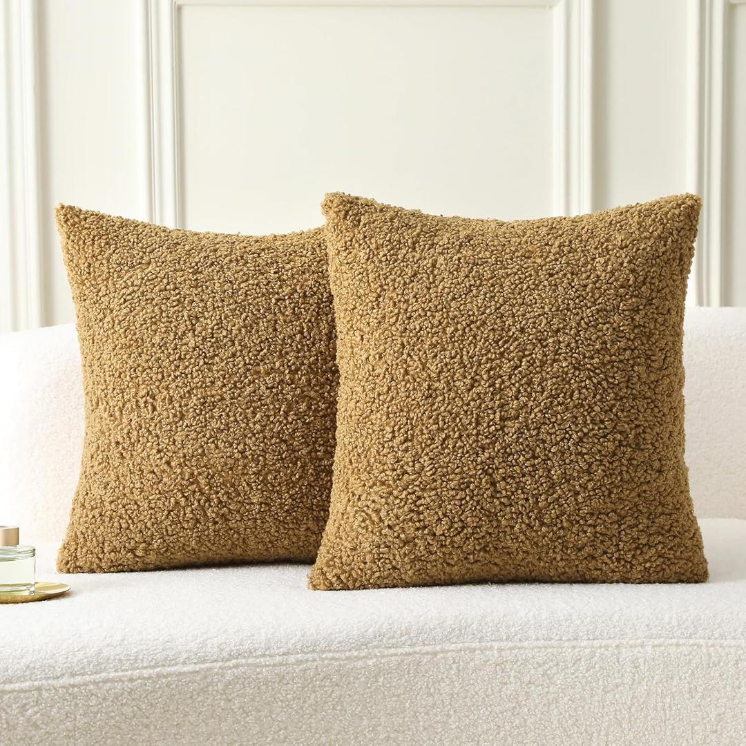 FUTEI Khaki Throw Pillow Covers 20x20 Inch Set of 2,Furry Faux Fur Teddy Boucle Textured Cushion Covers,Soft Fluffy Decorative Pillow Case,Home Decor for Couch Bed Living Room Office Car