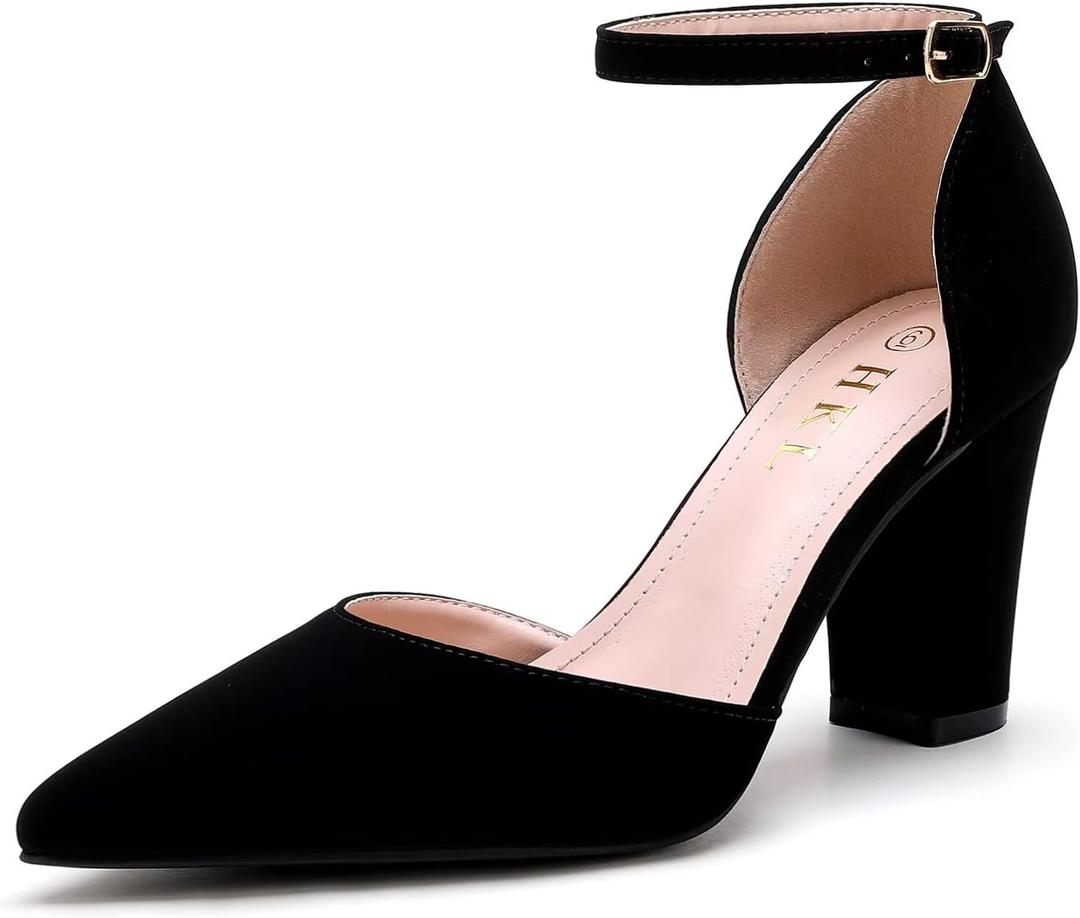 HKL Women's Closed Toe Pointed Heels Pumps (6, Black Nubuck)