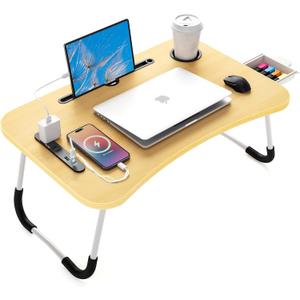 Folding Laptop Desk with USB & Type C Charging Ports, 24-Inch Bed Desk with Storage Drawer and Cup Holder, for Bed for Working, Eating, Reading, and Watching Movies