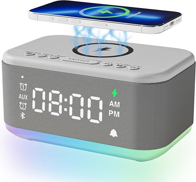 Alarm Clock Speaker Wireless Charger, Digital Alarm Clocks Bedrooms Bluetooth, Alarm Clock Dimmable Light Bedrooms Dual Alarm Snooze Dimmer 12 24H RGB Night Light Bluetooth USB AUX, Grey