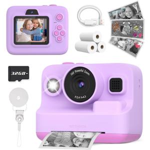 Kids Camera Instant Print, Dual-Lens Front Rear Selfie Camera for Kids, Christmas Birthday Gifts Toys for 3-12 Year Old Boys Girls, 2.4in Screen 1080P Kids Digital Cameras with 32G Card (Purple)