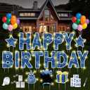 18 Pcs Happy Birthday Yard Sign with Stakes, Happy Birthday Yard Sign with 49.2 Ft LED Light, 16 In Large Personalized Blue Happy Birthday Sign, Waterproof Lawn Garden Birthday Party Decorations