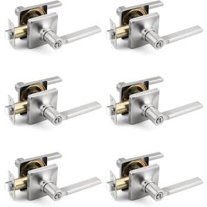 Mengico 6 Pack Privacy Door Handle, Satin Nickel Keyless Interior Door Knobs, Heavy Duty Square Door Lock for Bedroom & Bathroom, Reversible Flat Door Lever