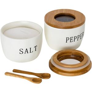 2 Pack Salt and Pepper Bowls Set, Ceramic Salt and Pepper Containers with Visible Airtight Bamboo Lid and Spoon, White Salt Pepper Holder Shakers Set, Salt Cellar Box Dish with Lid (White)