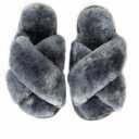 Enteer Girls Fluffy Slippers Memory Foam Soft Plush Cross Band House Shoes Indoor Outdoor Slip On (Gray)