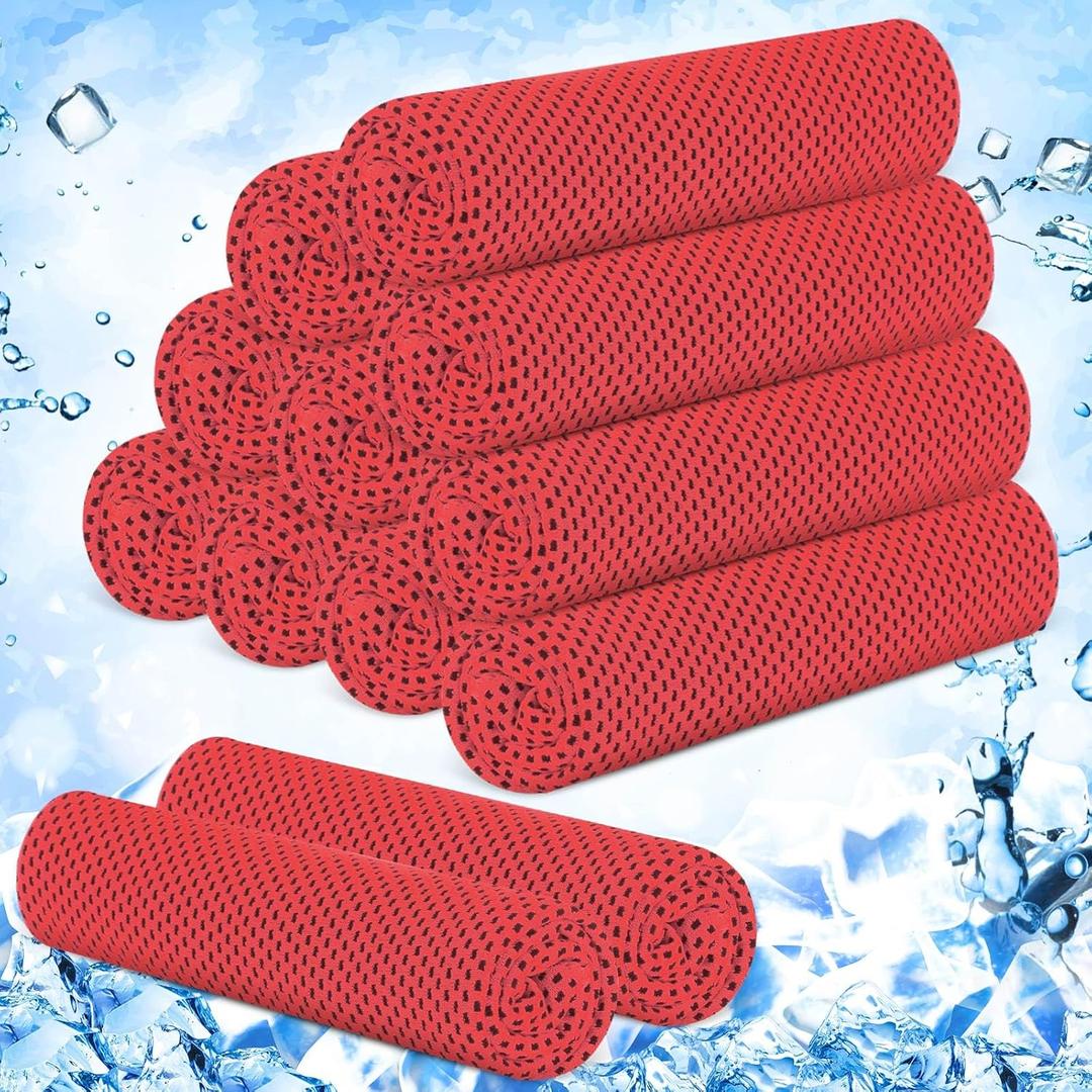 Hosuly 12 Pieces Cooling Towels for Hot Weather Soft Breathable Cold Towel Yoga Towels for Sweat, Sports, Workout, Fitness, Gym, Running, Travel Camping, 12 x 40 Inch (Red)