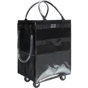 Reusable Grocery Bag On Wheels(Medium -Black), Rolling Tote Bag, Shopping Cart with 8 Pockets and Zipper Cover for Trips, Laundry, Foldable, Heavy Duty Handles, Carries Up to 46 LBS, Black