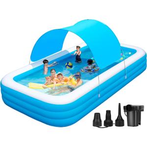 Large Inflatable Pool with Canopy, 145'' x 74'' x 22'' Inflatable Swimming Pool for Adults, Oversized 0.6MM Thickened Family Blow Up Pool for Backyard, Garden and Outdoor Fun