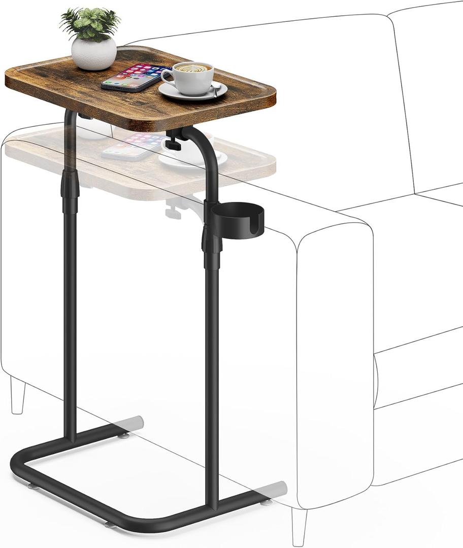 TUTOTAK C Shaped End Table with Tiltable Surface, Adjustable Height Side Table, Slide Under Couch Table TV Tray for Eating, Sofa Tray for Living Room, Bedroom Brown TB01BB091