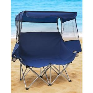 East Oak Double Camping Chair with Canopy | 24" High Back Camping Couch for Adults with 360° Sun Protection, 13 lbs Lightweight, 660 lbs Heavy Duty Canopy Chair for Outdoors, Blue