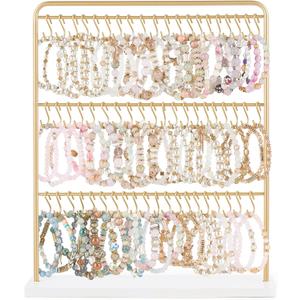 Mkono Bracelet Holder Metal Jewelry Organizer Display Stand Modern Necklace Holder with 60 Hooks Storage Rack for Hanging Bangle and Earrings Bedroom Dressing Table Decor Gifts for Women,Gold
