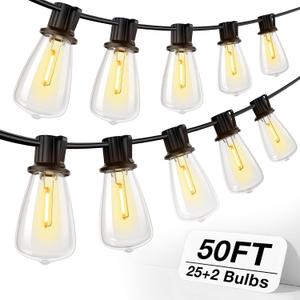 addlon 50FT LED Outdoor String Lights Waterproof Patio Lights with 27 Shatterproof ST38 Replaceable Bulbs(2 Spare), Dimmable Outside Hanging Light Connectable for Porch, Backyard, 2200K Warm Yellow