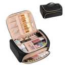CUBETASTIC Make Up Bag, Large Capacity Travel Makeup Bag Organizer with Makeup Brush Compartment, Portable Cosmetic Case with Handle and Divider, Traveling Skincare Bag for Women, Black Vegan Leather