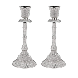 OwnMy Set of 2 Taper Candle Holders Vintage Metal Pillar Candlestick Holders 7.4”, Elegant Brass Candle Stick Holders Decor Candelabra Set for Dining Table Centerpieces Wedding Home Decoration, Silver