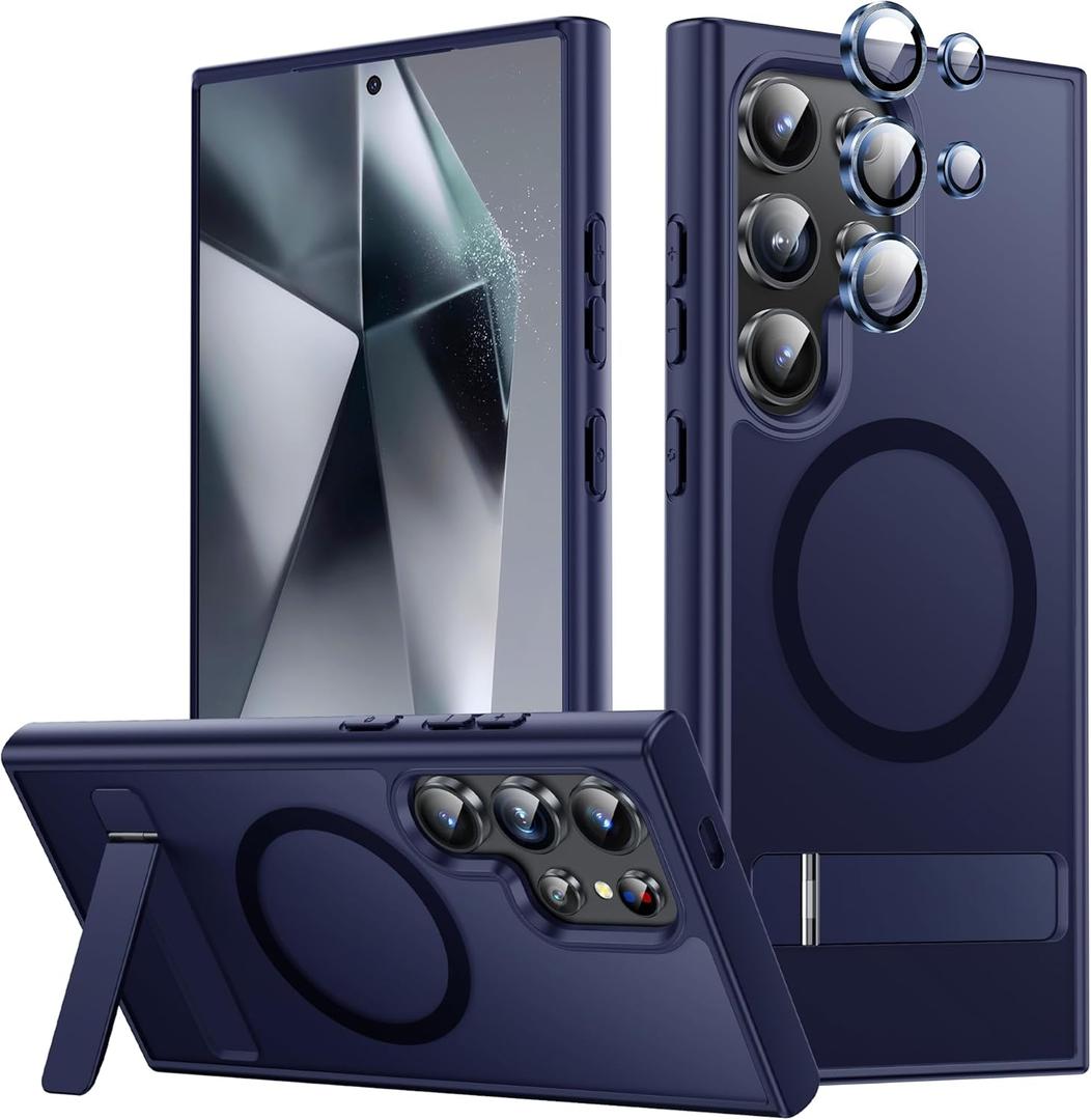 Stand for Samsung Galaxy S24 Ultra Case, Compatible with MagSafe, Built-in Kickstand, Camera Lens Protector, Translucent Matte Slim Silicone Shockproof Hard Back Phone Cover, Blue