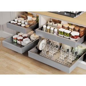 Seinloes 4 Pack Pull out Cabinet Organizer 21"Deep With Raising Pad for Framed Cabinets, Expandable Slide out Drawers for Kitchen Cabinets with 4pcs Divider Racks,Roll out Shelves 12.1"-20.4" W Silver