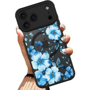 OOK Magnetic Case Fit for iPhone 17 Pro 6.3 Inch (Compatible with MagSafe) Soft TPU and Hard PC Phone Cover with Blue Floral Flowers Anti-Scratch Shockproof Protection Case for Women